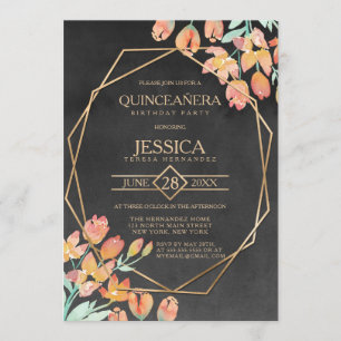 Orange Gold Black Floral Terrarium Quinceañera Invitation
