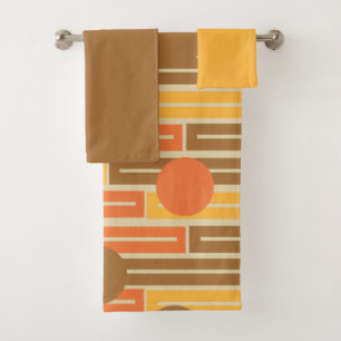 Orange, Gold, Brown Rectangles and Circles Bath To Bath Towel Set