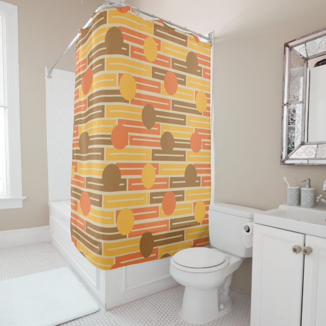 Orange, Gold, Brown Rectangles and Circles Shower Curtain (In Situ)