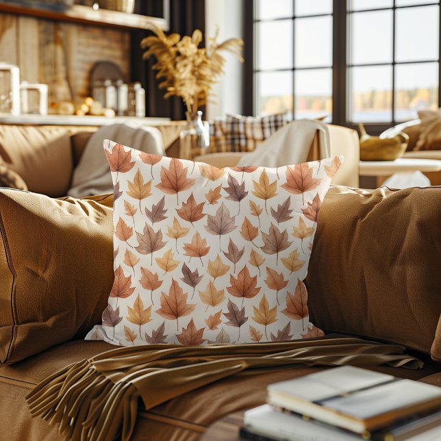 Orange Gold Brown Watercolor Pattern Autumn Leaves Cushion (Creator Uploaded)