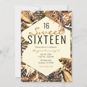 Orange Gold Elegant Tropical Palm Leaves Sweet 16 Invitation