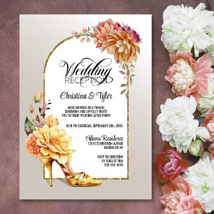Orange Gold Floral Arch Wedding Reception Invitation