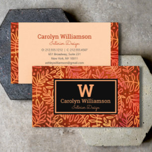 Orange gold foliage leaf pattern monogram modern business card