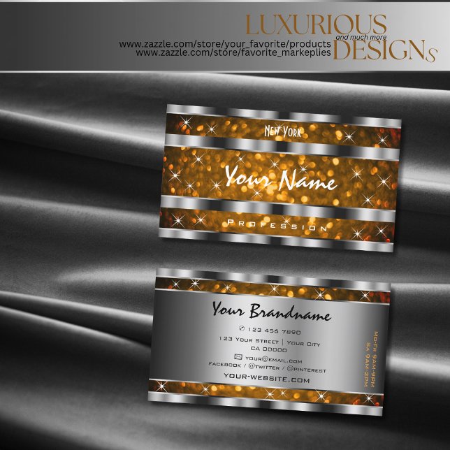 Orange Gold Glitter Sparkle Stars Silver Decor Business Card (Creator Uploaded)