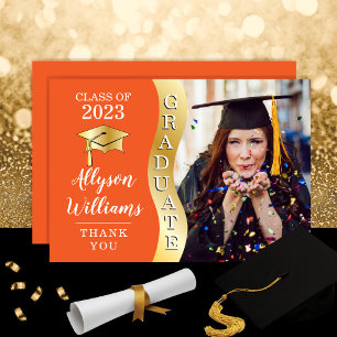 Orange Gold Graduate Wave Grad Cap Photo Thank You Card