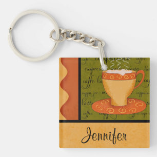 Orange Gold Green Coffee Cup Art Custom Name Key Ring