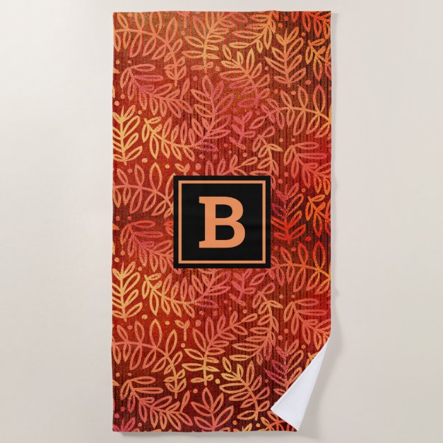 Orange gold leaf pattern monogram bold modern beach towel (Front)