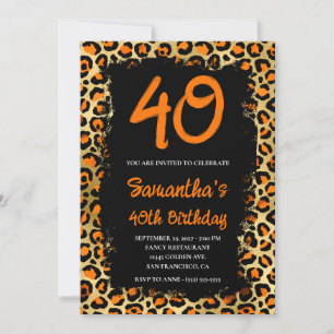 Orange Gold Leopard Painted Black 40th Birthday Invitation