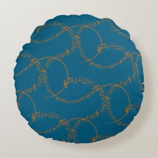Orange Gold on Blue Music Note Pattern  Round Cushion