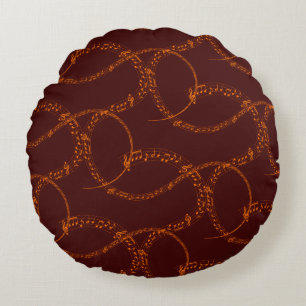 Orange Gold on Burgundy Music Note Pattern  Round Cushion