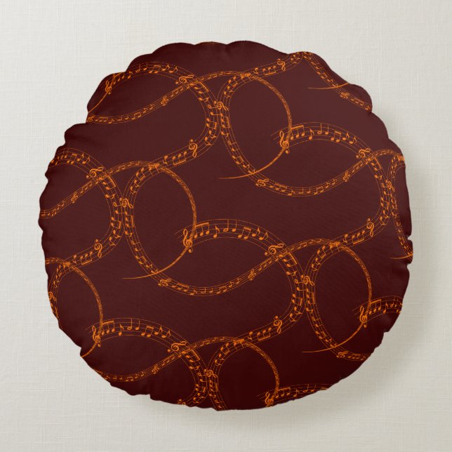 Orange Gold on Burgundy Music Note Pattern  Round Cushion (Front)
