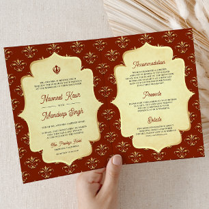 Orange Gold Ornate Anand Karaj Sikh Wedding Invitation
