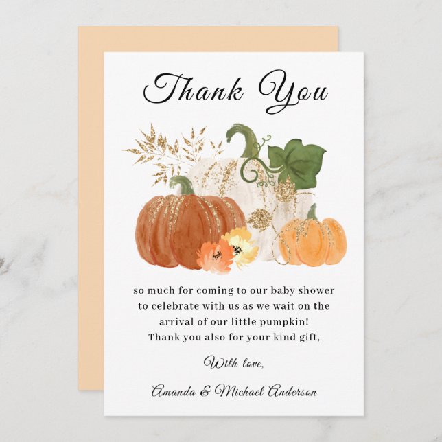 Orange Gold Pumpkins Fall Halloween Baby Shower Thank You Card (Front/Back)
