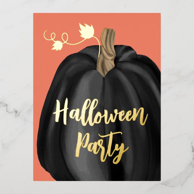 Orange Gold Script Pumpkin Halloween Party Foil Invitation Postcard (Front)
