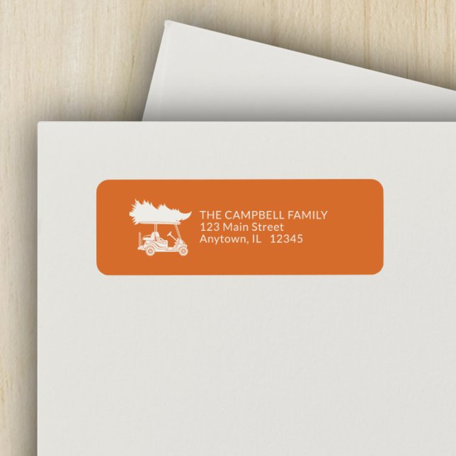 Orange Golf Cart Christmas Tree Return Address Label (Creator Uploaded)