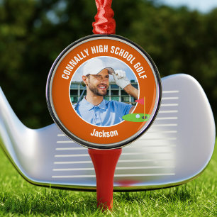 Orange Golfer Photo Custom Golf Team Christmas Metal Ornament