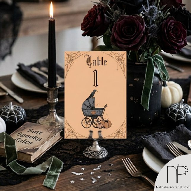 Orange Gothic Baby Shower Table Number (A Baby is Brewing table number, hand-drawn ink art, orange background, gothic mom party decor)