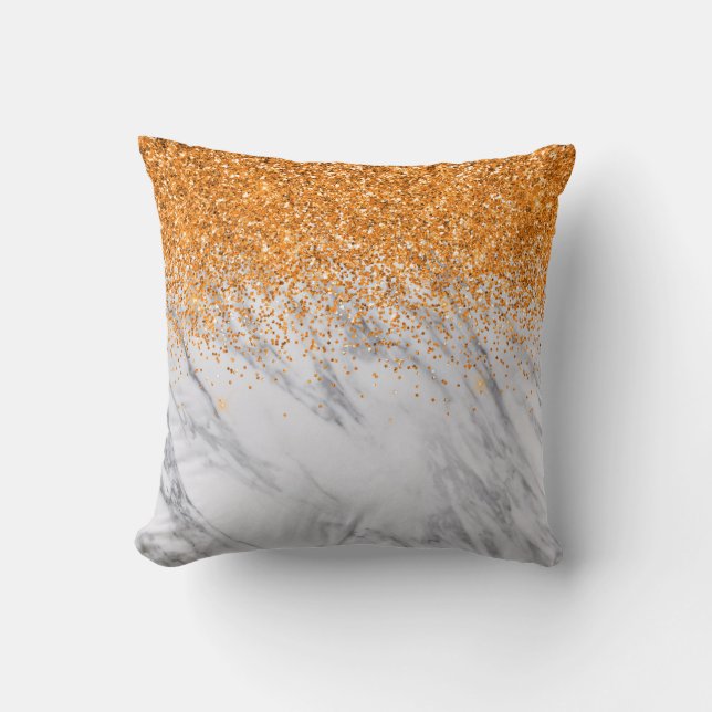 Orange  Gradient Ombre Glitter Grey Marble Cushion (Front)