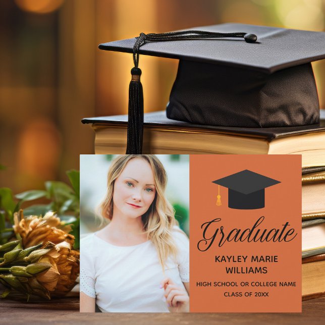 Orange Graduate Photo Black Script Graduation Announcement (Creator Uploaded)