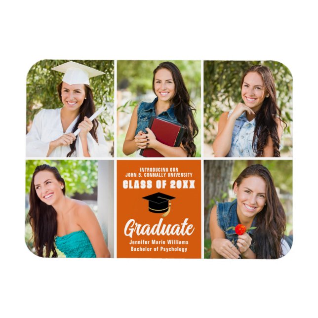 Orange Graduate Photo Collage Chic Graduation Magnet (Horizontal)