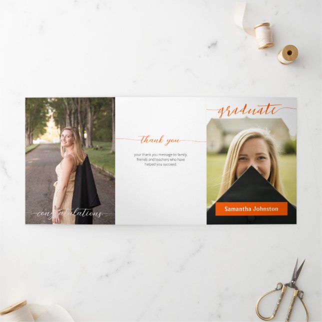 Orange Graduate Script Modern Three Photo Tri-Fold Invitation (Outside)