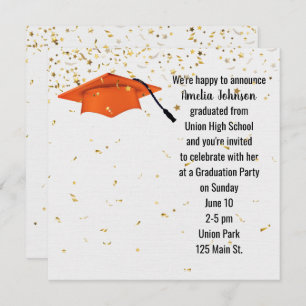 Orange Graduation Cap with Gold Confetti Invitation