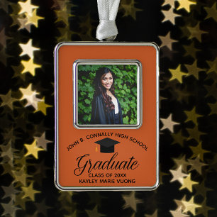 Orange Graduation Commemorative Graduate Photo Silver Plated Framed Ornament
