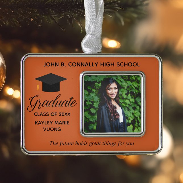 Orange Graduation Photo Inspirational Quote Custom Silver Plated Framed Ornament (Creator Uploaded)