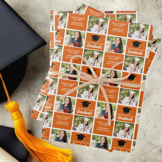 Orange Graduation Photo Personalised Graduate Wrapping Paper Sheet (Creator Uploaded)