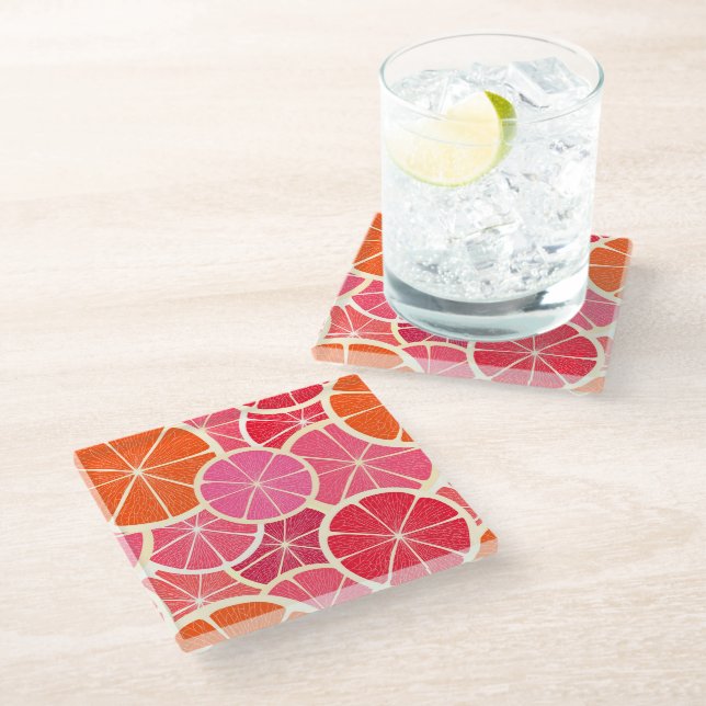 Orange & Grapefruit Citrus Fruit Pattern Glass Coaster (Angled)