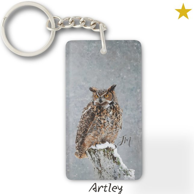 Orange Great Horned Owl Bird Painting Initials  Key Ring (Creator Uploaded)