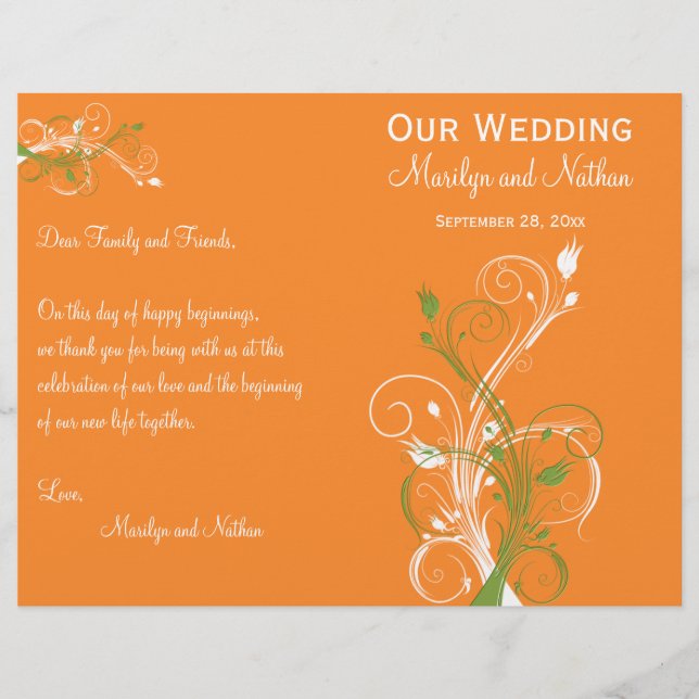 Orange, Green, and White Floral Wedding Program (Front)