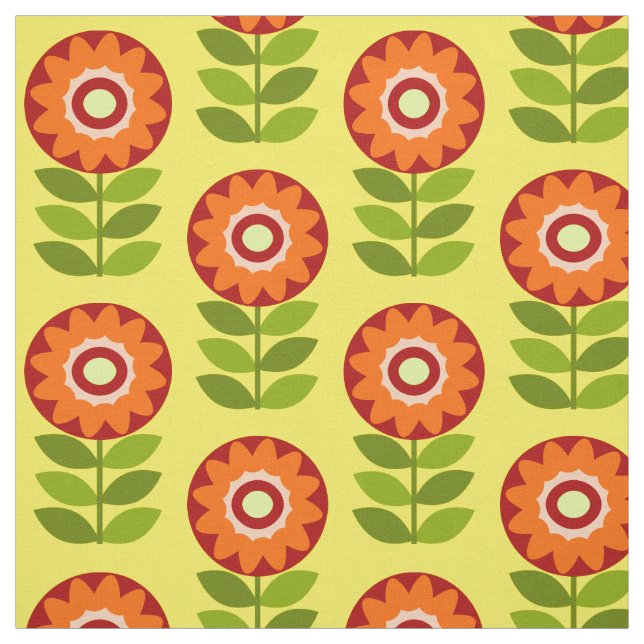 Orange, Green And Yellow Retro Flower Pattern Fabric (Swatch)