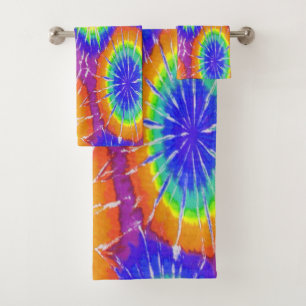 Orange green and yellow tie dye bath towel set