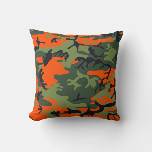 Orange, Green, Black Camo Camouflage Cushion (Front)