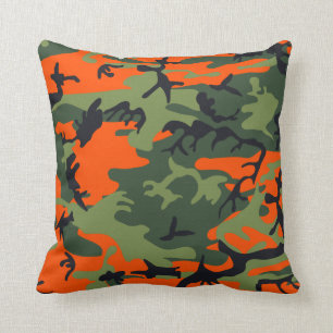 Orange, Green, Black Camo Camouflage Cushion