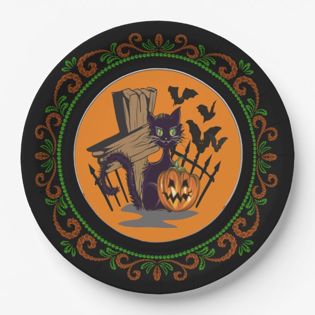 Orange Green Black Cat Tombstone Bats Halloween Paper Plate (Front)