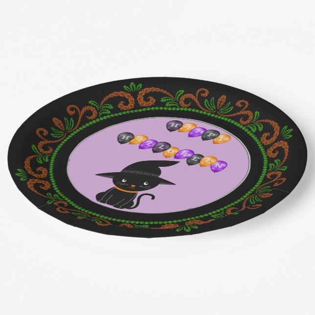 Orange Green Black Cat Witch Hat Happy Halloween Paper Plate (Angled)