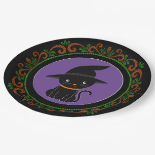 Orange Green Black Cat With A Witch Hat Halloween Paper Plate