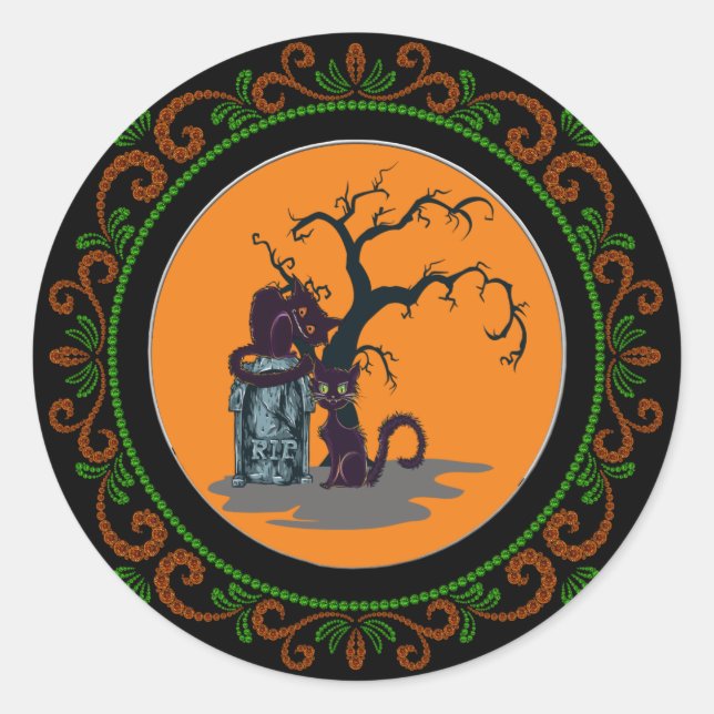 Orange Green Black Cats Tombstone Tree Halloween Classic Round Sticker (Front)