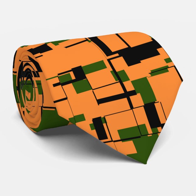 Orange Green Black Digital Camo Pattern Tie (Rolled)