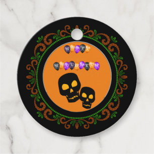 Orange Green Black Skulls Happy Halloween Balloons Favour Tags