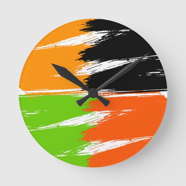 Orange Green Black White Brush Stroke Paint Round Clock (Front)