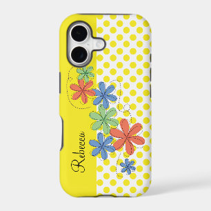 Orange, green, & blue daisies, yellow dots