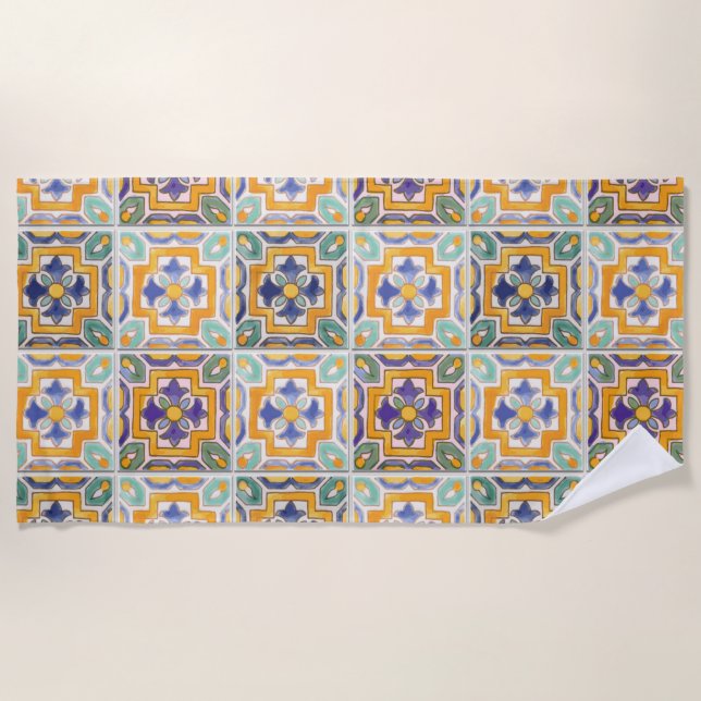 Orange-Green-Blue Tile Beach Towel (Front)
