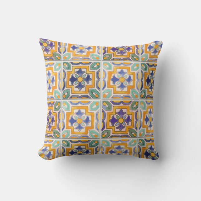 Orange-Green-Blue Tile Throw Pillow (Front)