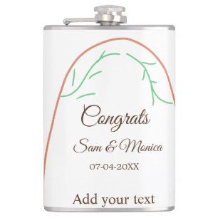 Orange green boho congrats add name date arches hip flask