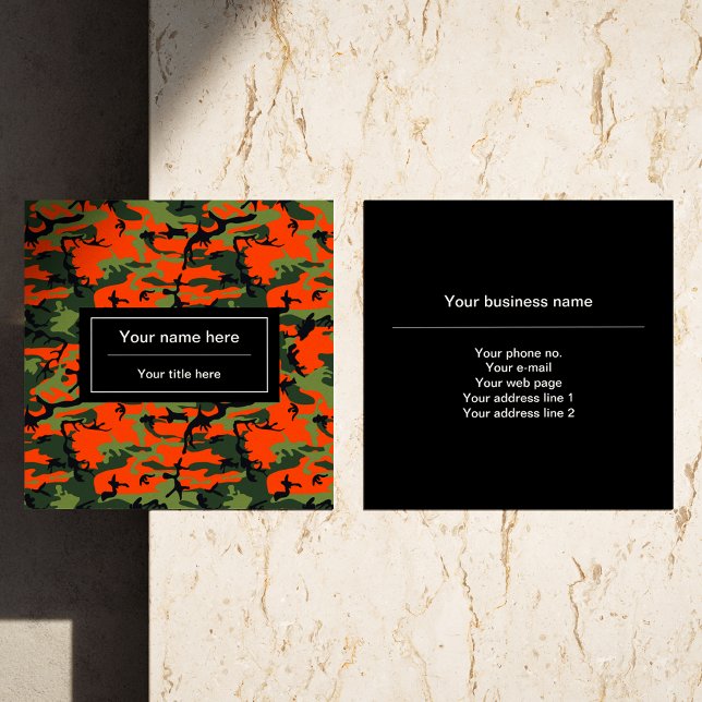 Orange Green Camouflage, Military, Army Square Business Card (Creator Uploaded)