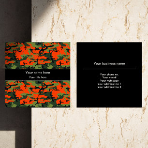 Orange Green Camouflage, Military, Army Square Business Card