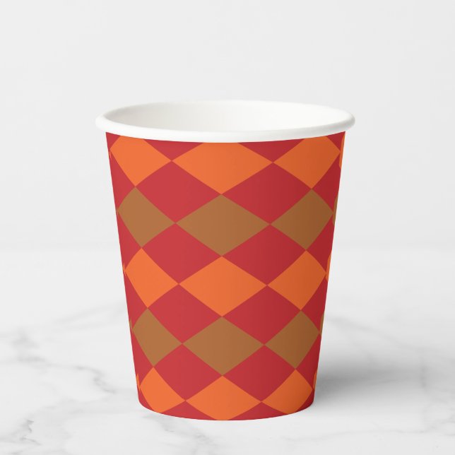 Orange Green Chequered Diamond Party Paper Cups (Front)